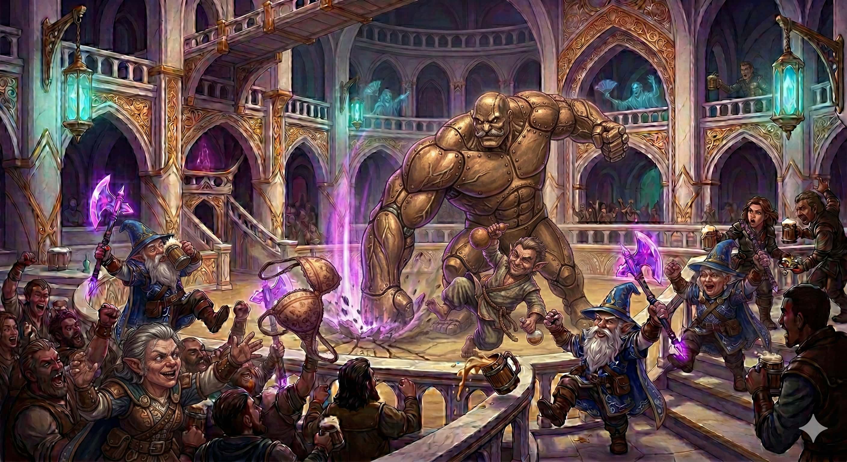 Herbert facing a brass warforged gladiator in the Shadow Guild arena
